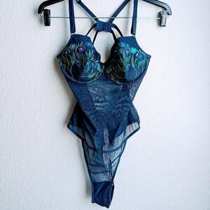 Victoria's Secret floral embroidered sheer‎ mesh bodysuit 34C NWT